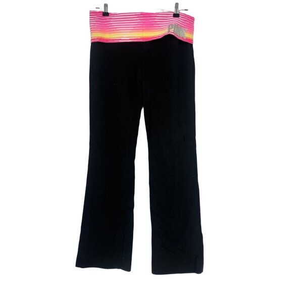 Victoria Secret's Pink Pants - Victoria’s Secret PINK Black Flare Yoga Pants Colorful Waistband M
